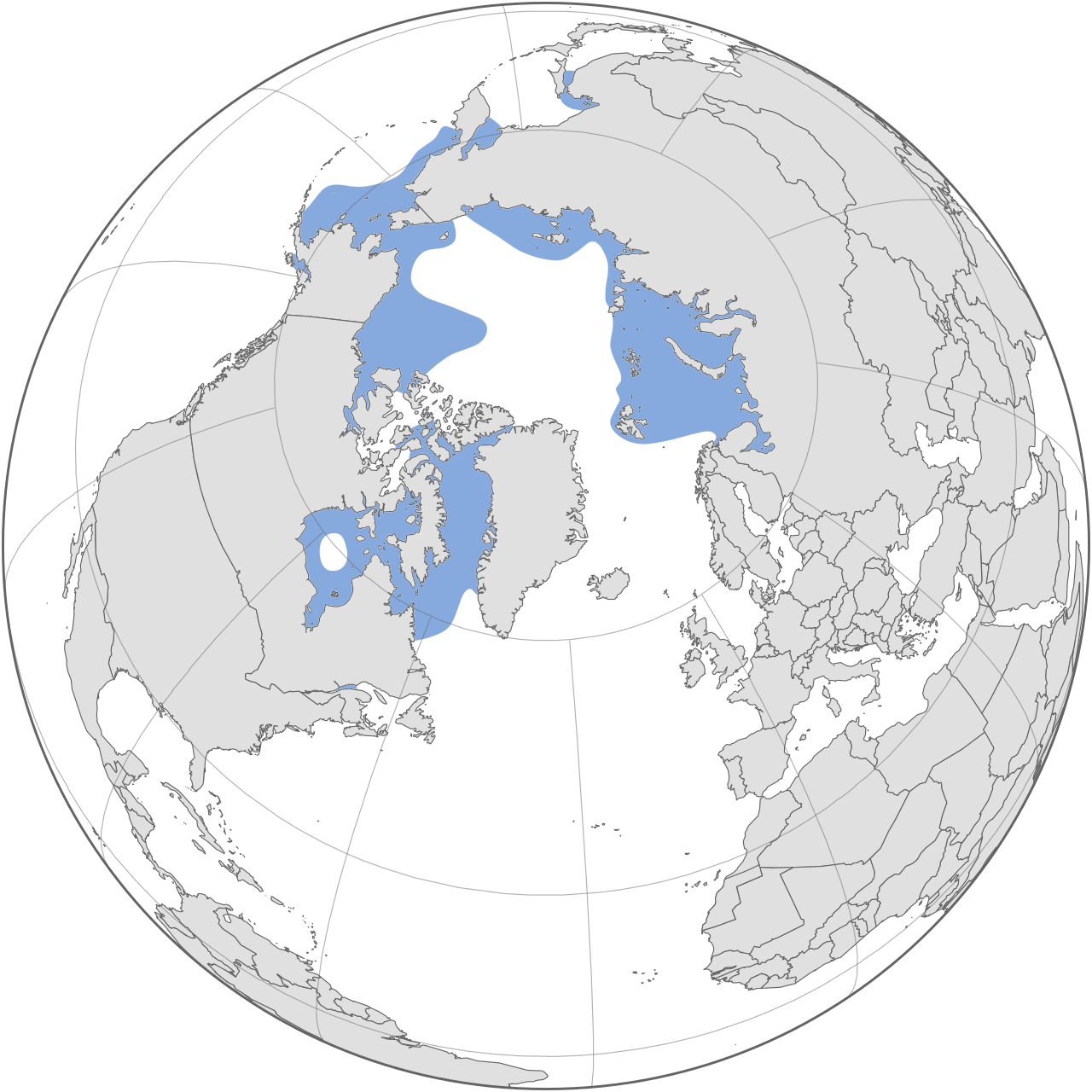 シロイルカの世界分布図（北極海および亜北極海）