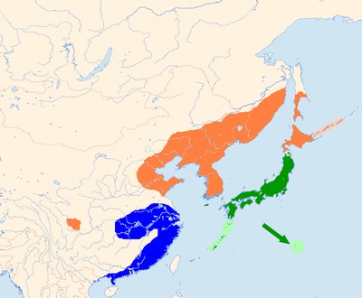 モズの分布図（東アジア）