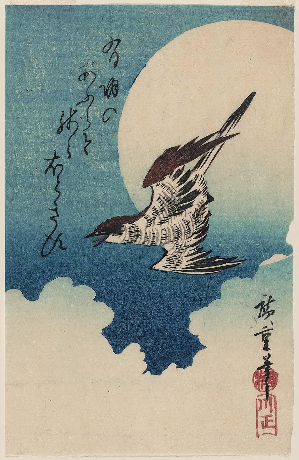 満月を背に飛ぶホトトギスを描いた歌川広重の版画